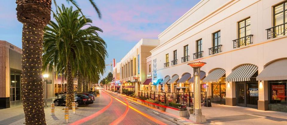 A Serene Street Lined with Palm Trees and Shops
